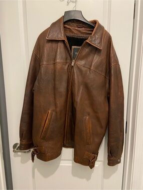 Men's Brown Leather Bomber Jacket with Buckle Hem